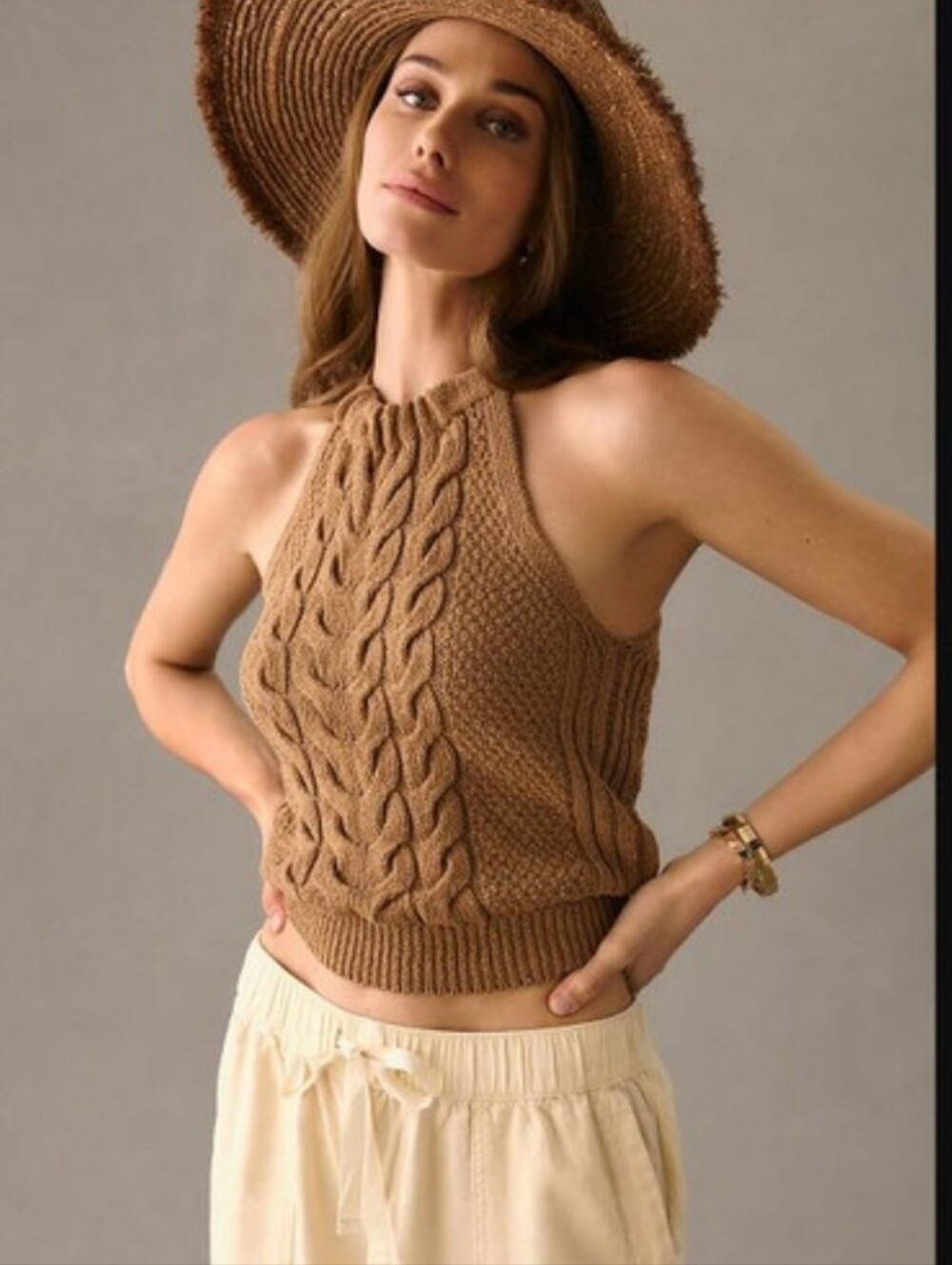 16-pilcro Anthropologie Cable Knit Halter Tank Top in Camel